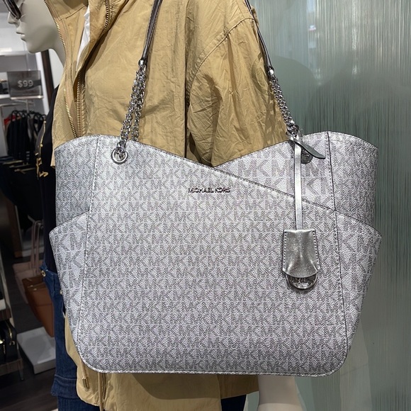 Michael Kors Jet Set Travel Large Chained Tote Shoulder Bag MK Silver - Picture 9 of 16